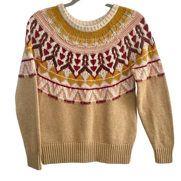 Sundance Nordic Fair Isle Sweater Cotton Wool Tan Baby Pink Crewneck Pullover XS - Picture 11 of 12